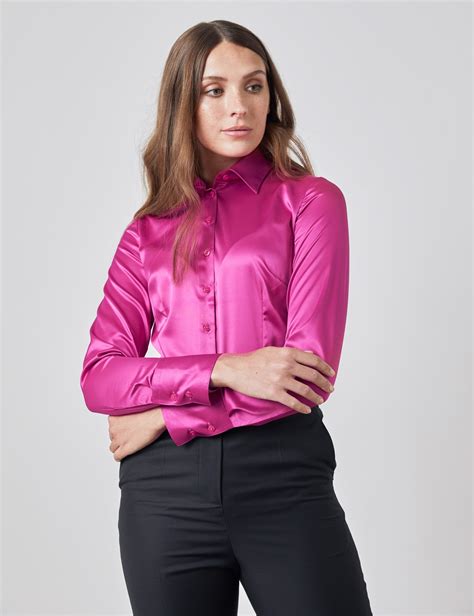 Plain Satin Stretch Women S Fitted Shirt With Single Cuff In Bright Pink Hawes Curtis UK