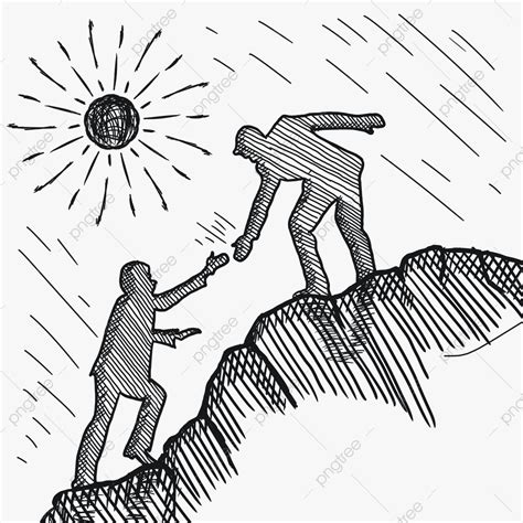 Two People Are Helping Each Other To Climb The Mountain In Black And