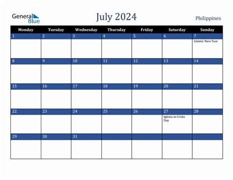 July 2024 Philippines Monthly Calendar With Holidays