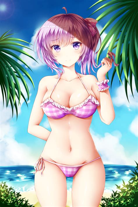 Wallpaper Anime Girls Bikini Sea Sky Clouds Short Hair Purple
