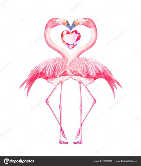 Two Flamingos With Diamond Heart Isolated On White Watercolor