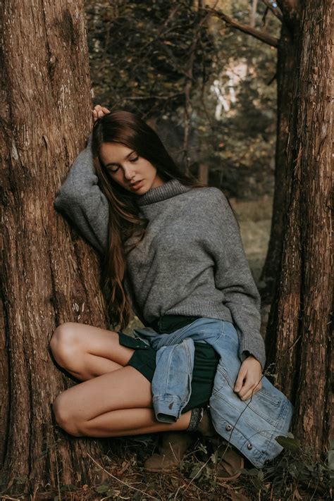 Wallpaper Women Outdoors Brunette Grey Sweater Closed Eyes Long Hair Kneeling Forest