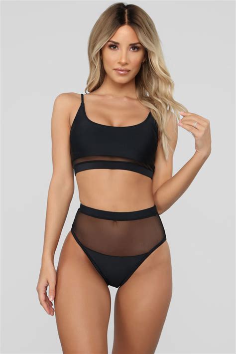 Amber Womens Two Piece Lace Mesh Patchwork Bikini Swimsuit Black