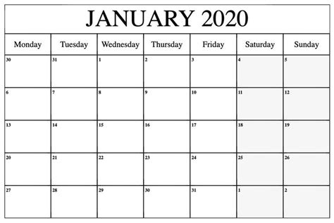 Editable Blank Calendar January 2020 Free Printable Calendar