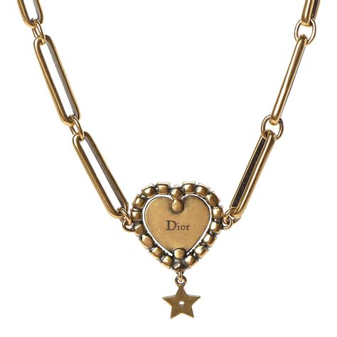 Christian Dior Metal Crystal Heart Jadior Choker Necklace Aged Gold 473220