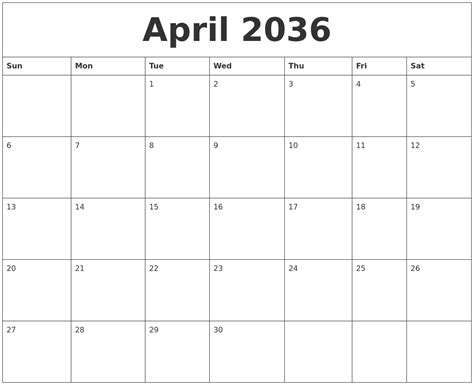 April 2036 Blank Monthly Calendar Template