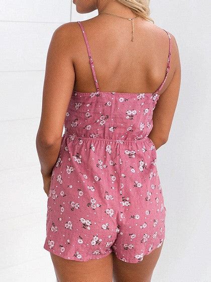 peach floral print tie front open belly spaghetti strap romper playsui chiclookcloset