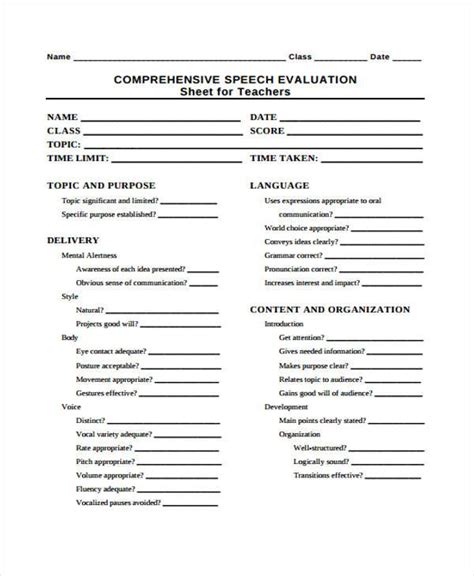 Speech Evaluation Form Download Printable Pdf Templateroller Images