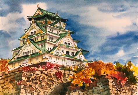 Osaka Castle Japan Ink And Watercolour Original Painting Etsy