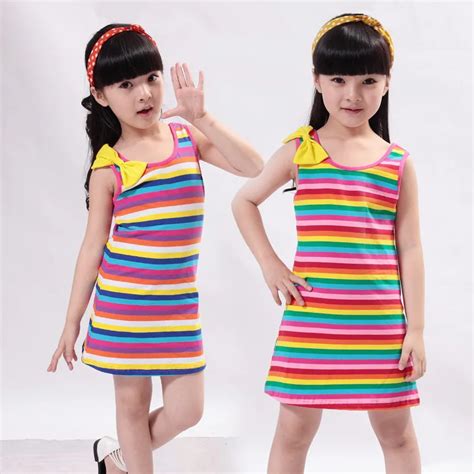 Buy 2015 New Big Girls Rainbow Striped Dress Children