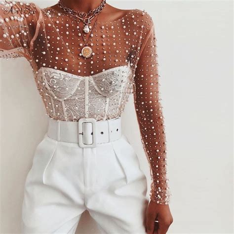 Pearl Mesh Lace Beading Long Sleeve Shirt Top Sf Loveitbabe Classy