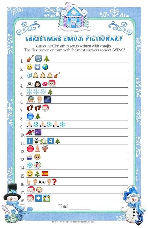 Christmas Emoji Pictionary With Icy Blue Snowflakes Answers Included