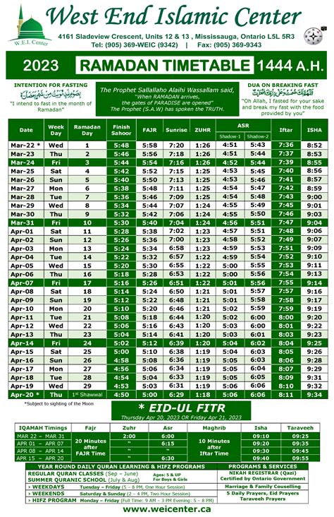 Ramadan Timetable 2023 West End Islamic Center Mississauga