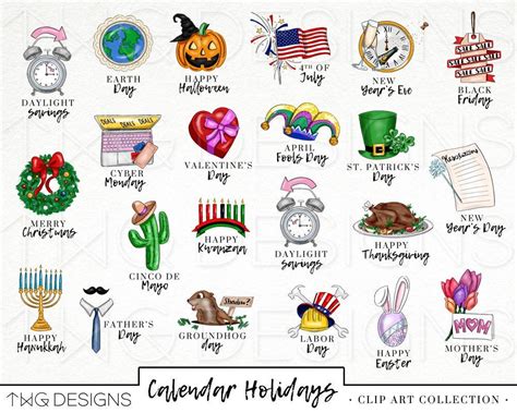 Calendar Holiday Icons Clip Art Clipart Watercolor Hand Drawn Etsy