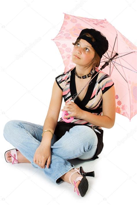 Young Girl With Umbrella Sits On Floor — Stock Photo © Vadimpp 1956905