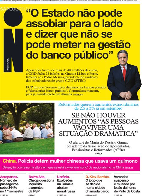 Jornal I 17 Ago 2022 Jornais E Revistas Sapo Pt Última Hora E Notícias De Hoje