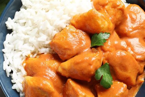 Butter Chicken With Rice In Bowl Traditional Indian Murgh Makhani