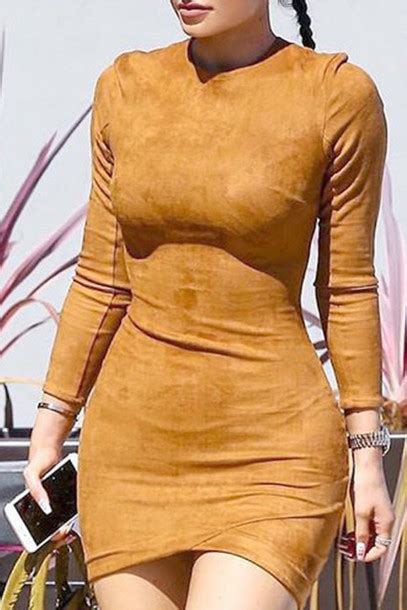Dress Suede Kylie Jenner Dress Fashion Style Bodycon Dress Sexy Short Long Sleeves Fall