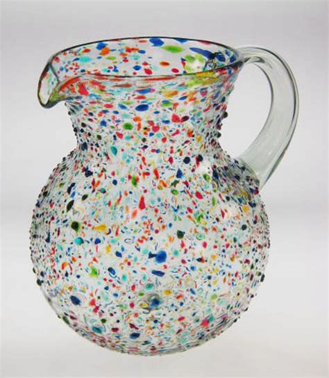 Mexican Glass Pitcher Hand Blown Pebble Confetti For Margaritas Ice Tea 120oz Mexican Glass