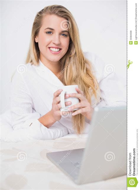 Happy Pretty Model Holding Coffee Lying On Cosy Bed Stock Image Image