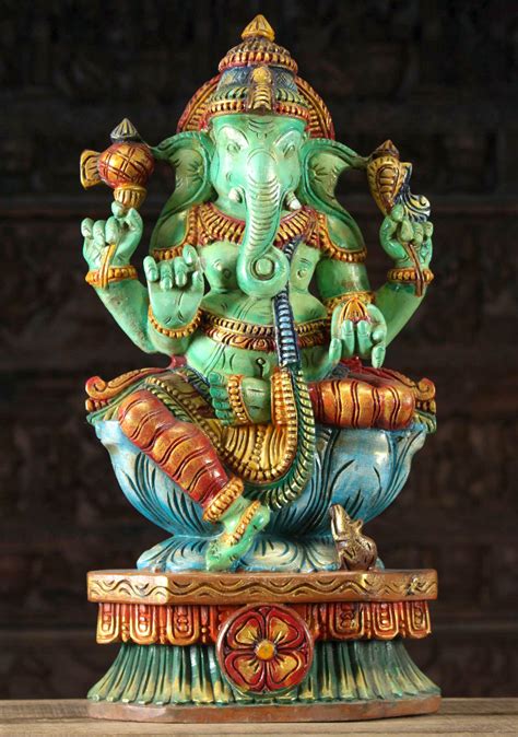 Sold Wood Green Ganesh Statue On Blue Lotus Base 24