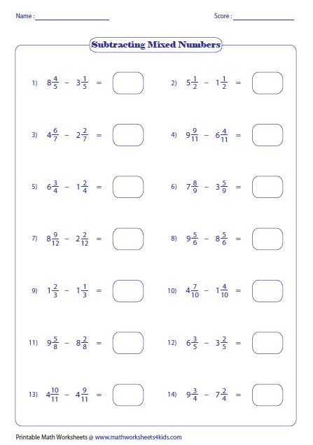 Add And Subtract Mixed Numbers Same Denomiator Worksheets