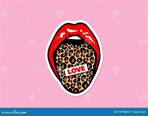 Leopard Tongue Sticking Out With Love Lettering Inscription Red Lips