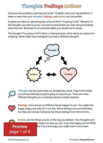 Cbt For Kids Thoughts Feelings And Actions Worksheet Therapist Aid