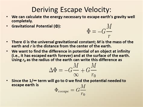 The escape velocity of earth (11.186 km/s) is the speed at which a free object must travel to escape into space from the planet's gravitational pull. Deriving Escape Velocity
