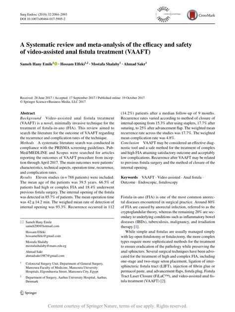A Systematic Review And Meta Analysis Of The Efficacy And Safety Of Video Assisted Anal Fistula