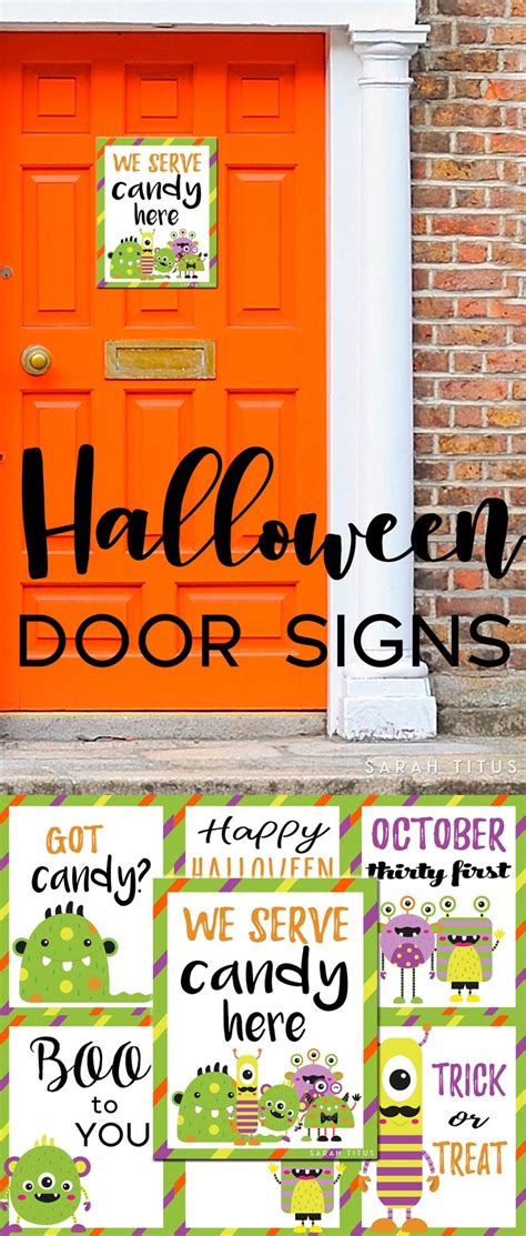 Halloween Door Signs Are Displayed In Front Of An Orange Door With