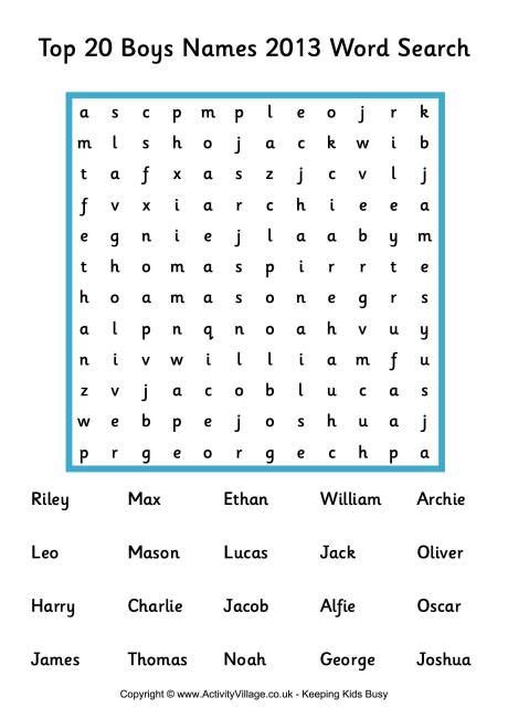 Top 20 Boys Names 2013 Word Search Words Boy Names Word Search