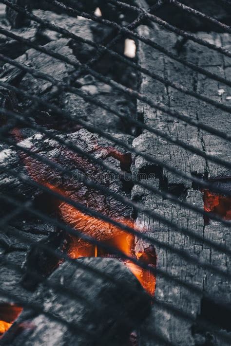Firewood Burning In The Fire Charcoal And Ashes Grill Stock Image