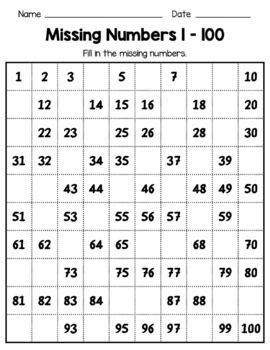 100 Chart Missing Number - Numbers 1-100 missing worksheets | First