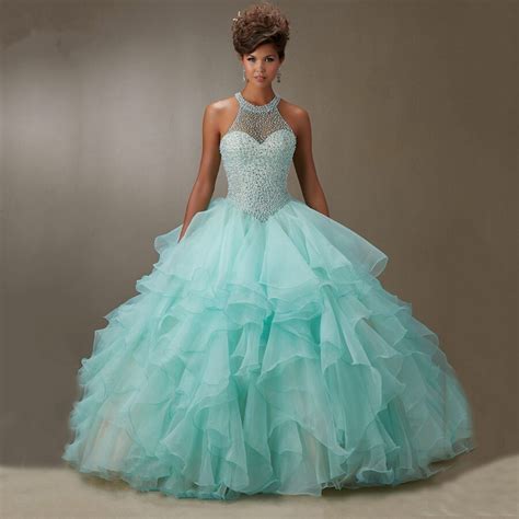 Lovely Rhinestone Beaded Halter Organza Layered Aqua Quinceanera Dresses Ball Gown 2015gowns