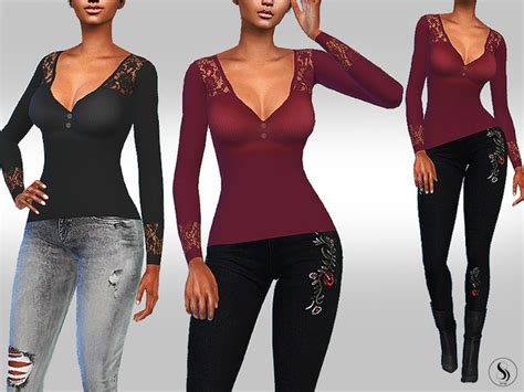 The Sims Resource Lace Detail Long Sleeve Tops