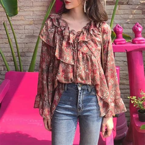 Vintage Flower Ruffled Flare Sleeve Shirt In Blouses And Shirts From