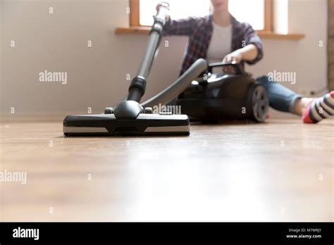 People Housework And Housekeeping Concept Happy Woman With Vacuum Cleaner At Home Spring