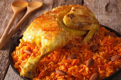 Traditional Arabic Food Kabsa With Chicken Closeup Horizontal Stock