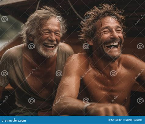 Two Men Are Smiling And Laughing While On A Boat Ai Artwork Stock