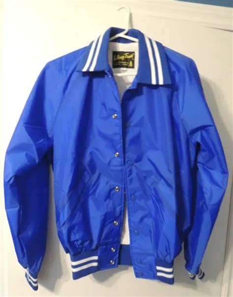 Vintage 70s Blue Blank Satin Varsity Jacket Mens Small Snap Button