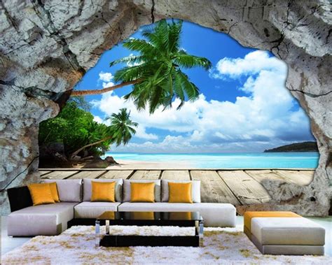 Beibehang Custom Wallpaper Wall Cave Stone Wall Beach Sea View Stereo Large Tv Sofa Background