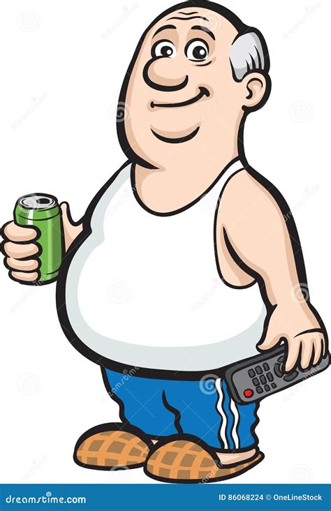 Cartoon Fat Retired Man With Beer Can And Tv Remote Vector Illustration