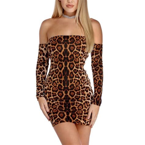 Sexy Backless Lace Up Mini Dress Women Off Shoulder Bodycon Leopard Print Slash Neck Long Sleeve