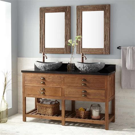 This reclaimed barnwood open style bathroom vanity will add rustic elegance to your bathroom or washroom. 60" Benoist Reclaimed Wood Console Double Vessel Sink ...