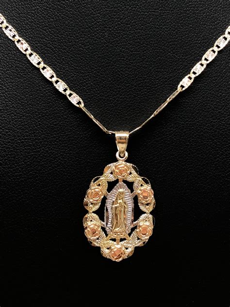 10k Solid Gold Tri Color Virrgin Mary Flower Pendant Necklace Virrgen