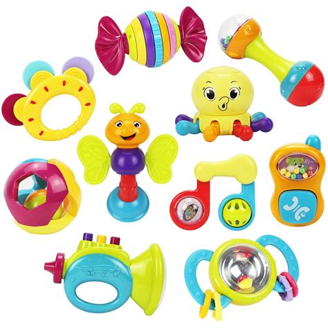 10 Baby Rattles Teether Ball Shaker Grab And Spin Rattle Musical Toy