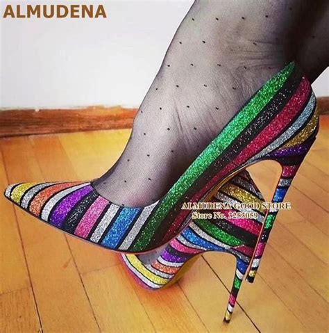 Almudena Multi Color Sequined High Heel Pumps Colorful Rainbow Stripe