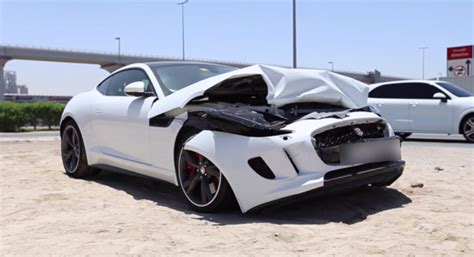 $91,500 cadsubscribe if this is your dream car! White Jaguar F-Type R Coupe Wrecked in Dubai - GTspirit