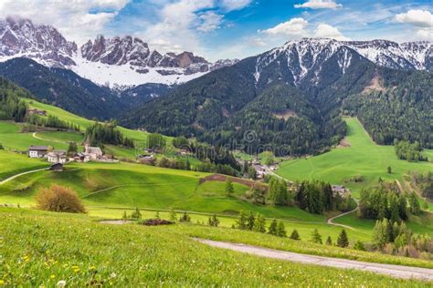 Dolomites Alp Mountain Landscape At Santa Maddalena Village Italy Stock